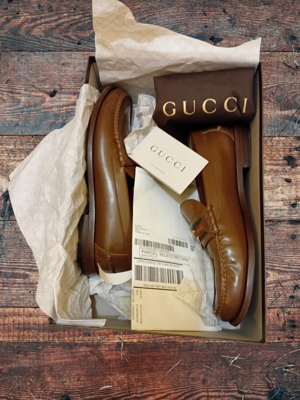 Gucci Tan Leather Loafers with Green and Red Stripe and Gold Hardware